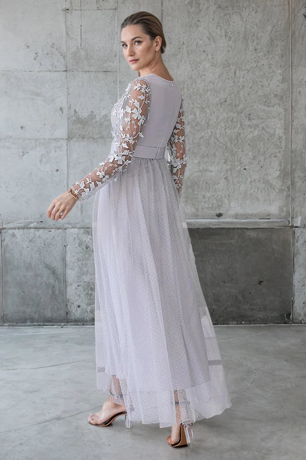 Long Sleeve Lace Silver Tea Length Mother of the Bride Dress